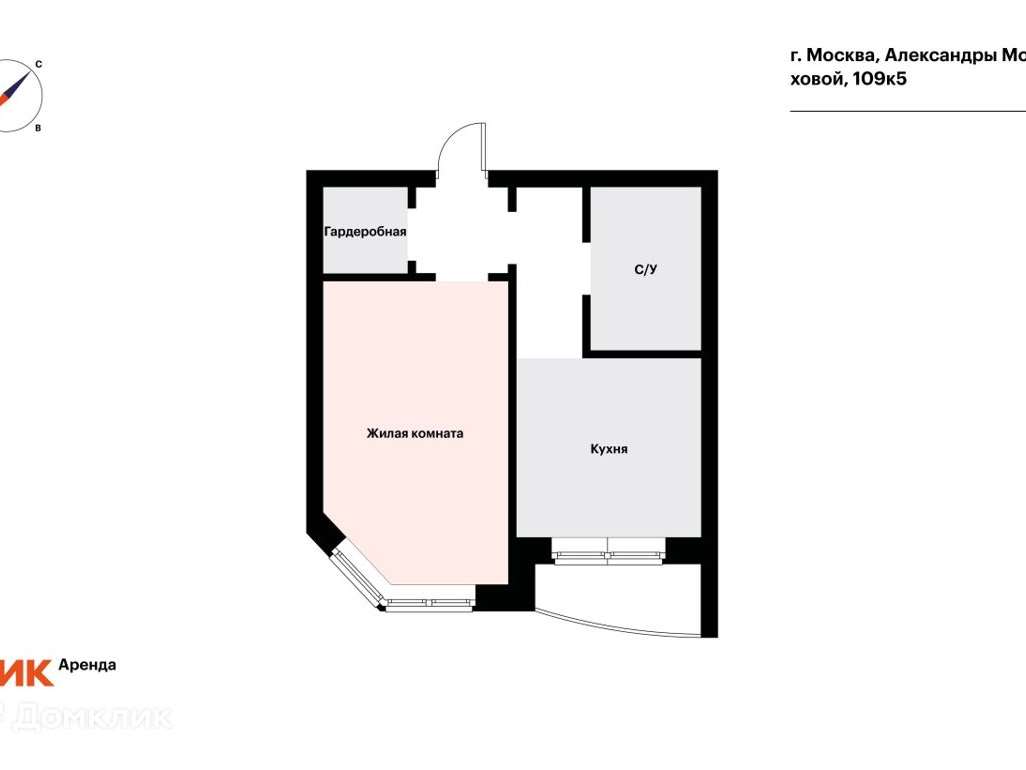 Однокомнатная квартира Александры Монаховой улица, 109 к. 5, фото №4